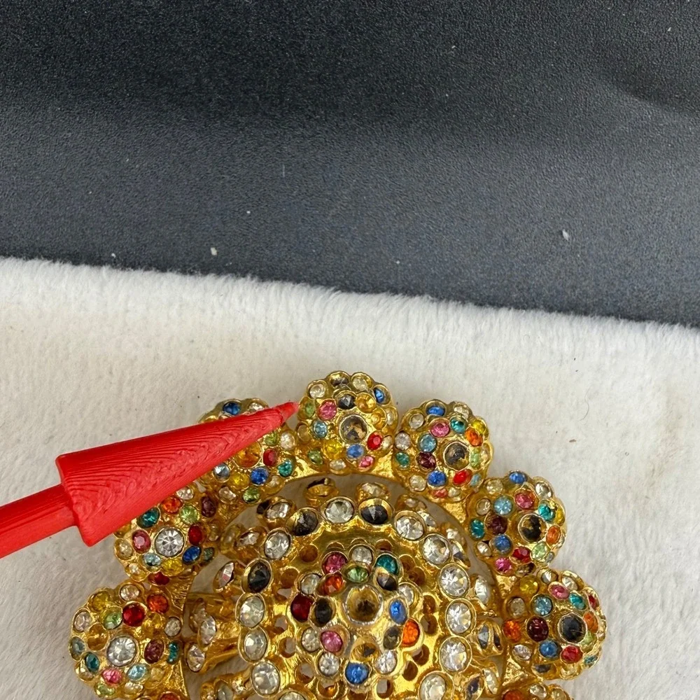 Vintage Rhinestone Dome Brooch Gold Tone Heavy READ